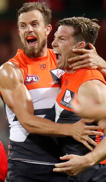 SLIDER-ELIMGREENE.jpg Brett Deledio and Toby Greene celebrate a goal during Saturday night's win. - AFL,SCG,GWS Giants,Sydney Swans,Toby Greene,Matt de Boer